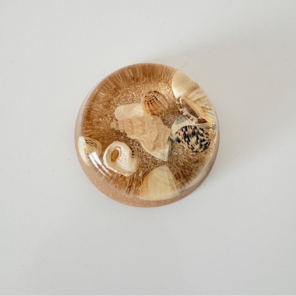 Vintage Lucite Paperweight Beach Sand Shells Coastal Grandma Retro Seaside